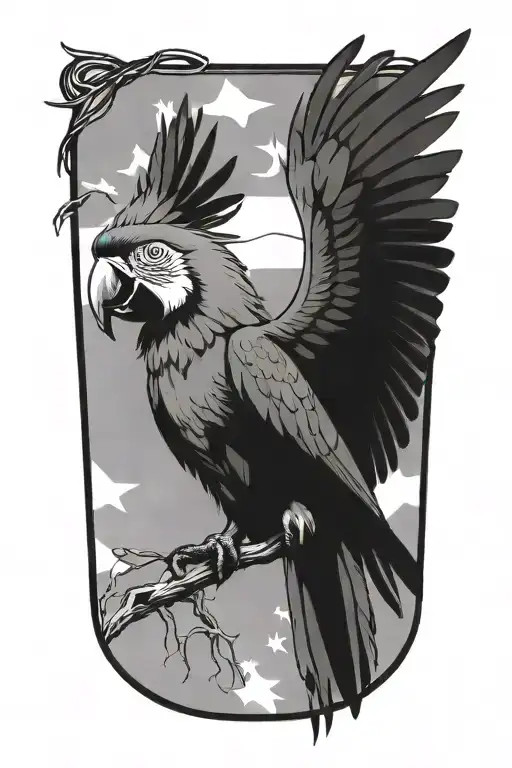 A colorful macaw spread wings perched on a branch with power line on horizon and Puerto Rico flag tattoo design idea