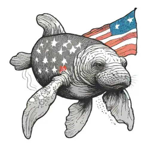 A realistic portrait of a manatee with the Puerto Rican flag as a background tattoo design idea