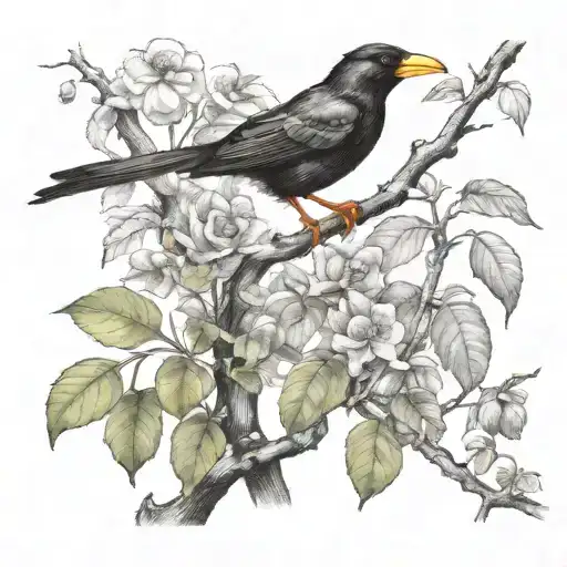 black bird sitting on tree branch next to a frog add frog add Puerto Rico flag tattoo design idea