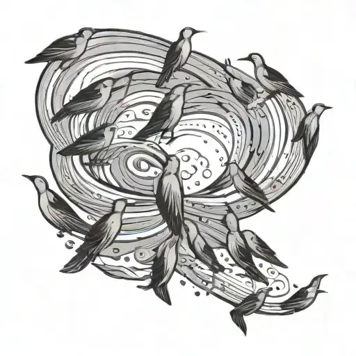 A flock of birds forming the shape of a hurricane in black-grey style tattoo design idea