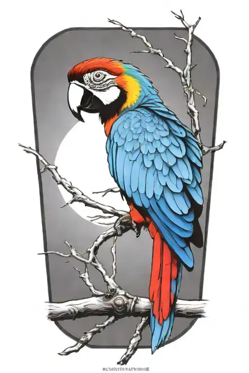 A colorful macaw perched on a branch with  background  Puerto Rico flag tattoo design idea