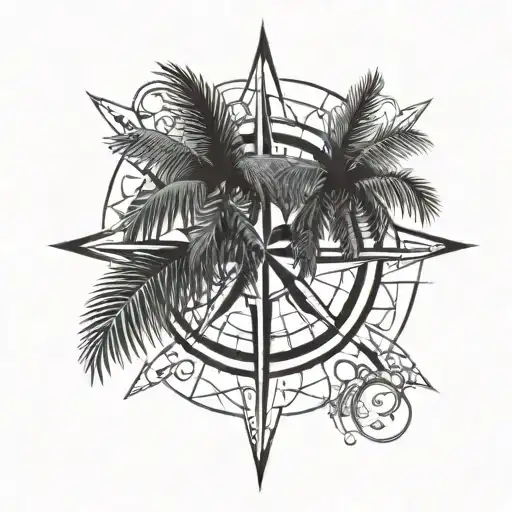 An intricate compass rose design with palm tree leaves as the directional points tattoo design idea