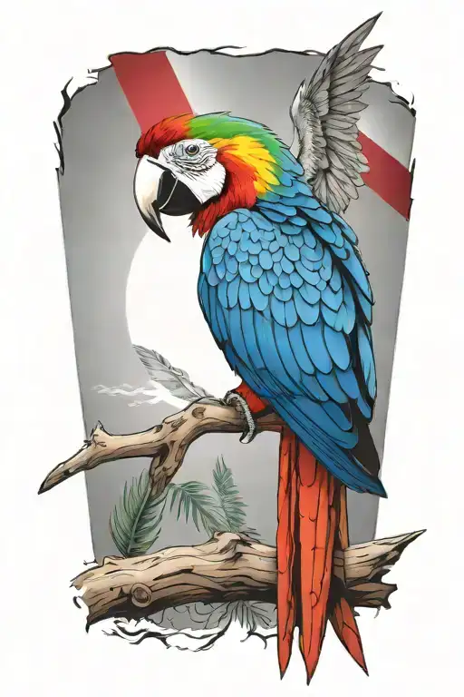 A colorful macaw spread wings perched on a branch, add background  Puerto Rico flag tattoo design idea