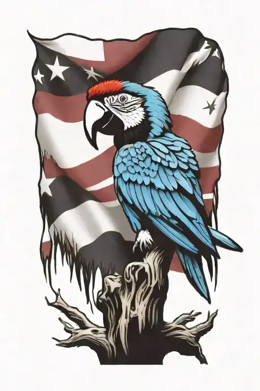 A colorful macaw spread wings perched on a branch, add background  Puerto Rico flag tattoo design idea