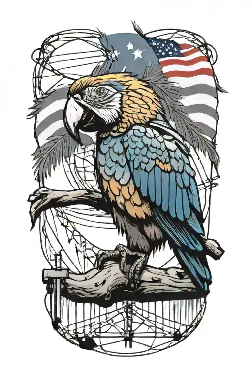 A colorful macaw perched on a branch with power lines in horizon, add Puerto Rican flag tattoo design idea