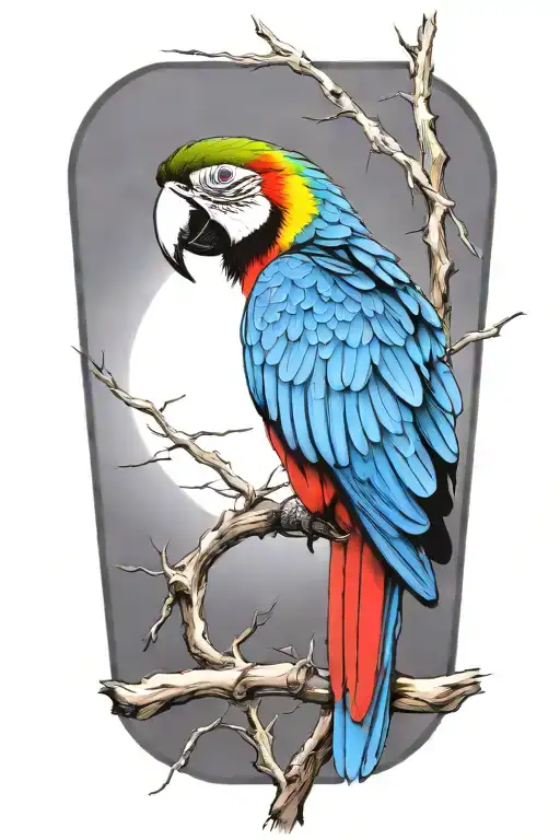 A colorful macaw perched on a branch, add background  Puerto Rico flag tattoo design idea