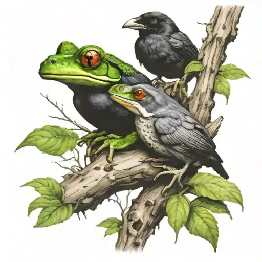frog sitting next to  raven sitting on tree branch together  tattoo design idea