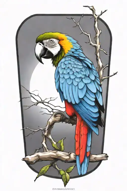 A colorful macaw perched on a branch, add background  Puerto Rico flag tattoo design idea