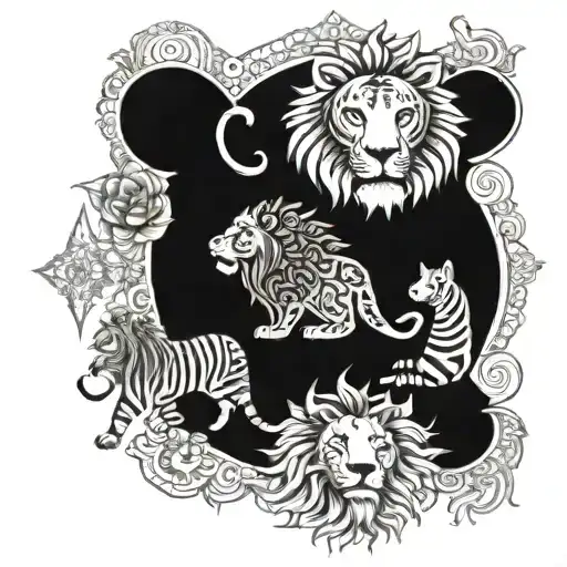 An intricate mandala design featuring wild animals like lions and tigers, with subtle nods to Puerto Rican culture throughout tattoo design idea