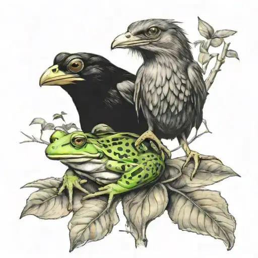 frog sitting next to  raven sitting on tree branch together  tattoo design idea