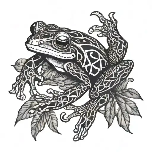 A mystical design featuring a Coqui frog and Chango intertwined in a blackwork style tattoo design idea