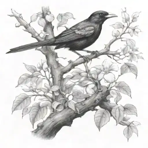 black bird sitting on tree branch next to a frog add frog add Puerto Rico flag tattoo design idea