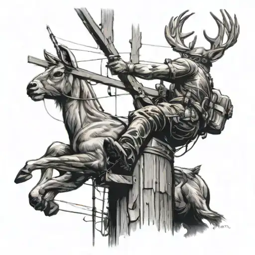 A lineman climbing a utility pole with a buck deer perched on top, in a black-grey color palette tattoo design idea