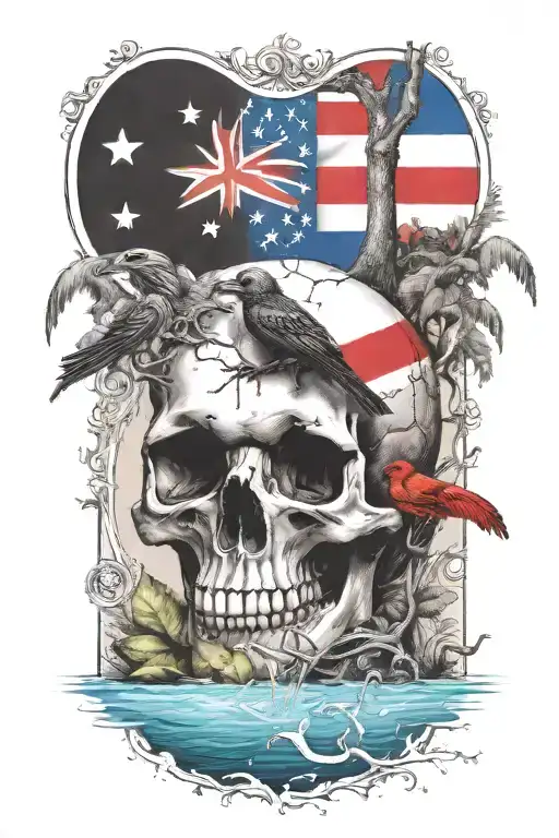 skull half under water, with tree,, coqui frog, and Puerto Rican flag l, add raven on tree tattoo design idea