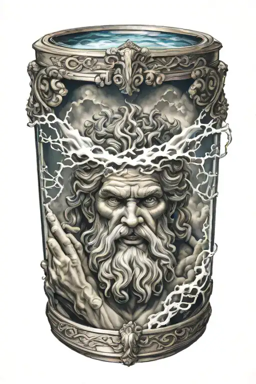 Zeus face raging storm clouds, his hand on hour glass  tattoo design idea