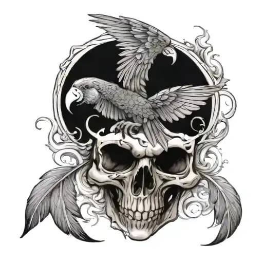 A black and grey tattoo of a parrot flying over a skull half-submerged in the ocean, with intricate details in the feathers and waves tattoo design idea