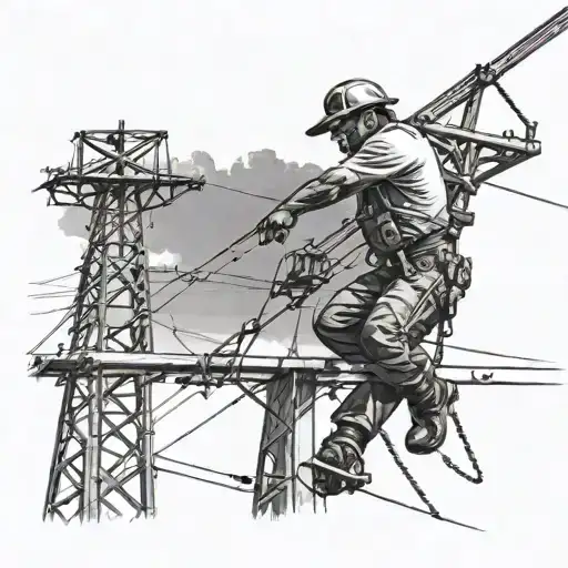 A unique tattoo design featuring a lineman working on power lines in a Puerto Rican landscape, incorporating elements of black-grey shading for depth and detail tattoo design idea