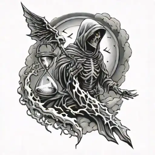 A hauntingly beautiful tattoo of the Grim Reaper's hand delicately grasping an hourglass, surrounded by wispy clouds and lightning bolts tattoo design idea