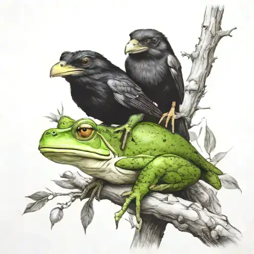 frog and raven sitting on tree branch together  tattoo design idea