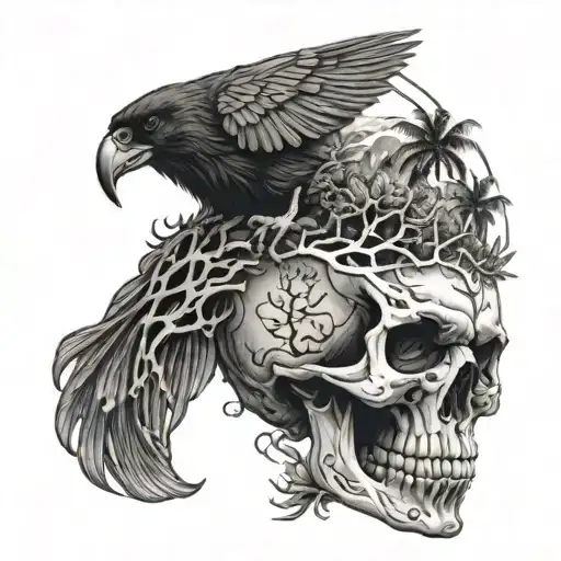 skull, ocean, trees, raven, tropical, Puerto Rico, 313 tattoo design idea