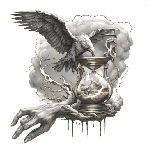 zeus hand delicately grasping an hourglass, surrounded by wispy clouds and lightning bolts tattoo design idea
