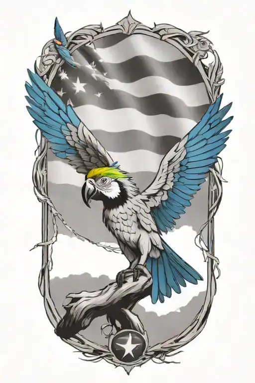 A colorful macaw spread wings perched on a branch with power line on horizon and Puerto Rico flag tattoo design idea