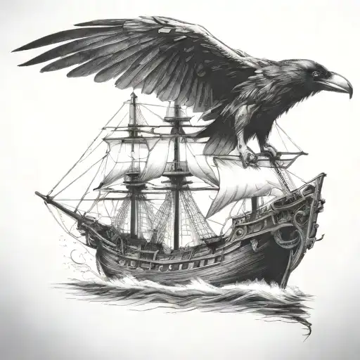 A raven perched on a pirate ship at sea, more clouds   add tail feathers and two wings on bird tattoo design idea