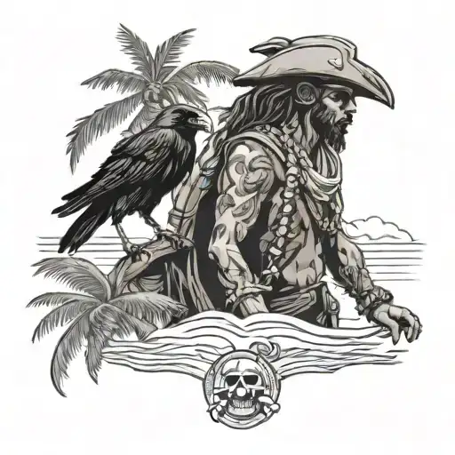 A silhouette of a pirate with a coqui frog and black raven perched on his shoulder, standing on a tropical beach with palm trees swaying in the wind tattoo design idea