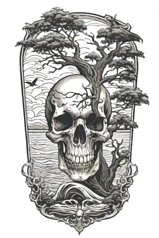 skull rising from ocean with tree growing out of skull and raven pearched on tree tattoo design idea