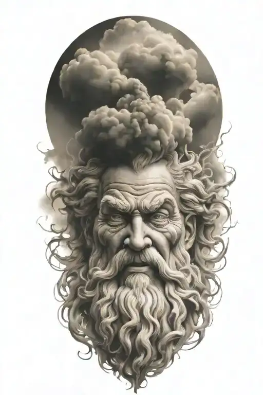 zeus face raging storm clouds and hour glass tattoo design idea