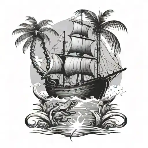 A pirate ship sailing towards a tropical island with palm trees and a Coqui frog on the shore tattoo design idea