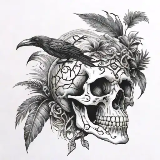 skull, ocean, trees, raven, tropical, Puerto Rico, number "313" tattoo design idea
