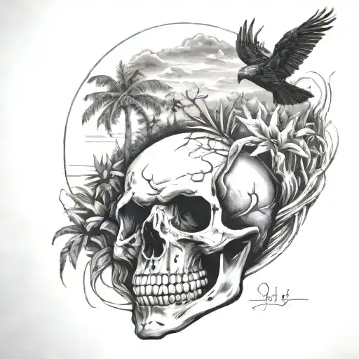 skull, ocean, trees, raven, tropical, Puerto Rico, number "313" tattoo design idea