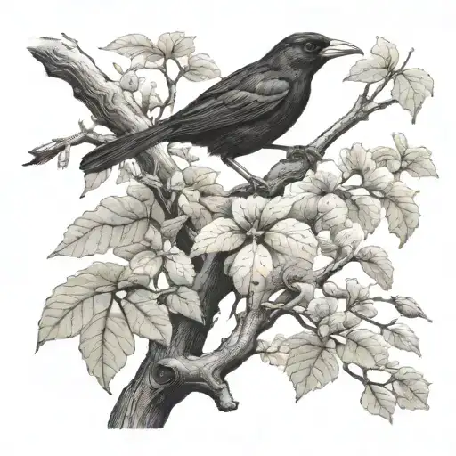 black bird sitting on tree branch next to a frog add frog tattoo design idea
