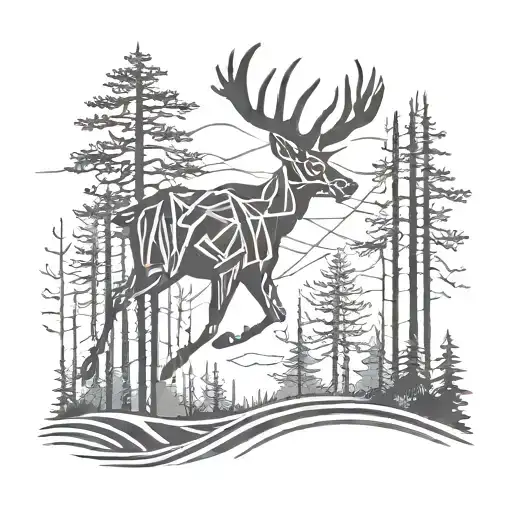 An abstract silhouette of a deer running through a forest, incorporating electrical pole elements to represent the lineman occupation tattoo design idea