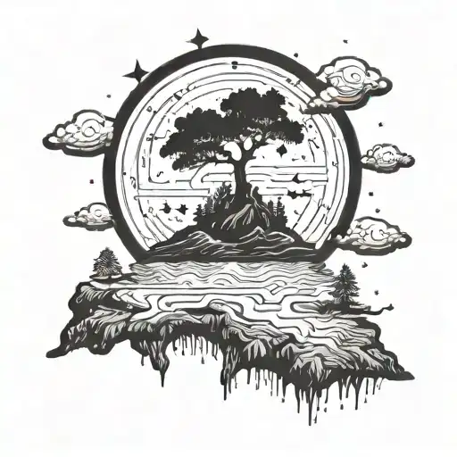 A surreal tattoo of an island floating in the sky, with a lone tree reaching towards the stars and philosophical symbols scattered throughout tattoo design idea