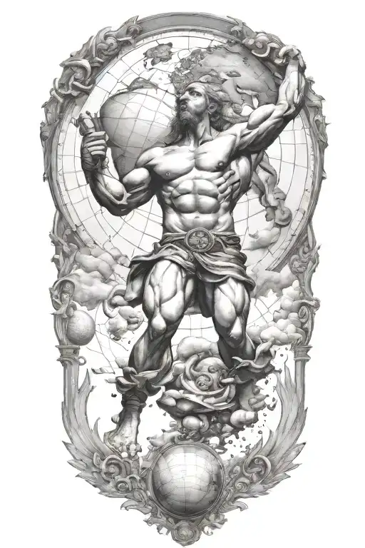 Atlas carrying the world, add more black clouds tattoo design idea