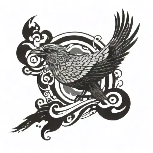 A tropical bird perched on a swirling hurricane in blackwork style tattoo design idea
