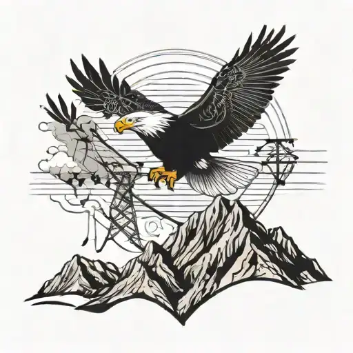 A majestic bald eagle soaring over a mountain landscape with power lines subtly integrated into the design tattoo design idea
