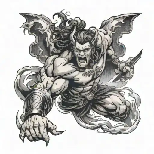 Zues wielding a thunderbolt amidst a stormy sky, showcasing his authority and control over the elements tattoo design idea