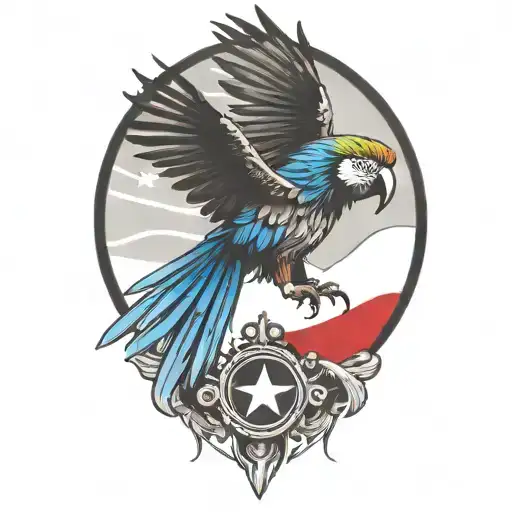 A colorful macaw two spread wings perched on a branch with power line on horizon and Puerto Rico flag,  tattoo design idea