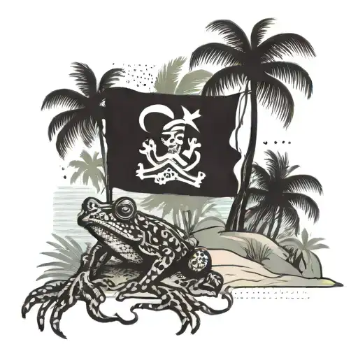 A silhouette of a pirate flag waving in the wind on a deserted island with palm trees and a Coqui frog hidden in the foliage tattoo design idea