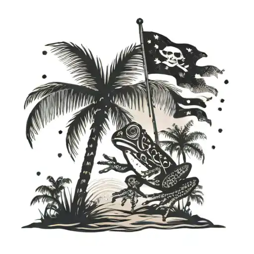 A silhouette of a pirate flag waving in the wind on a deserted island with palm trees and a Coqui frog hidden in the foliage tattoo design idea