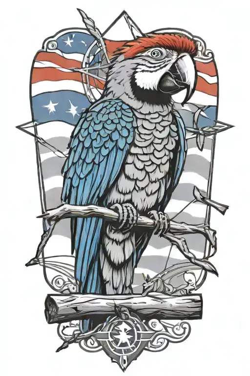 A colorful macaw perched on a branch with power lines in horizon, add Puerto Rican flag tattoo design idea