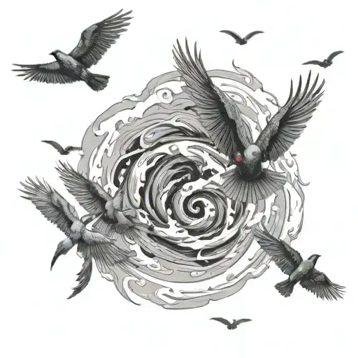 A surreal scene of birds flying through a hurricane in black-grey style tattoo design idea