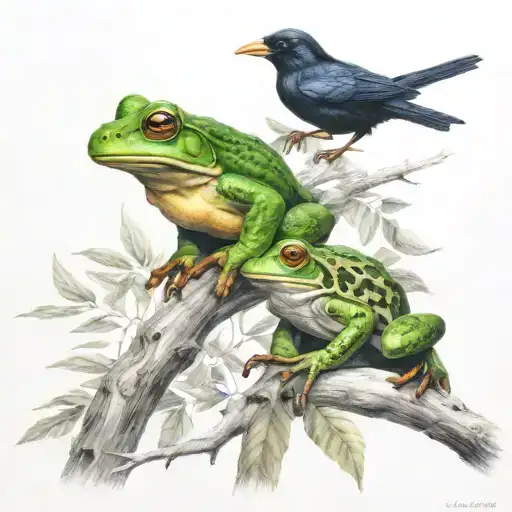 frog sitting next to  raven sitting on tree branch together  tattoo design idea