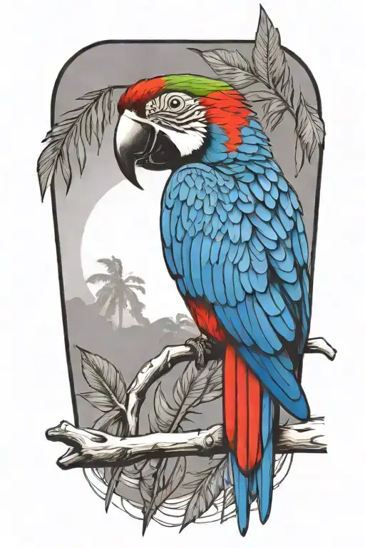 A colorful macaw perched on a branch, add background  Puerto Rico flag tattoo design idea