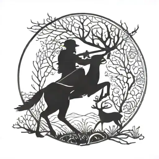 A silhouette of a hunter aiming a bow at a deer, done in bold blackwork style tattoo design idea