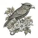 An intricate tree design incorporating elements of the Coqui frog, owls, and ravens in a dotwork style tattoo design idea