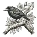 black bird sitting on tree branch next to a frog tattoo design idea